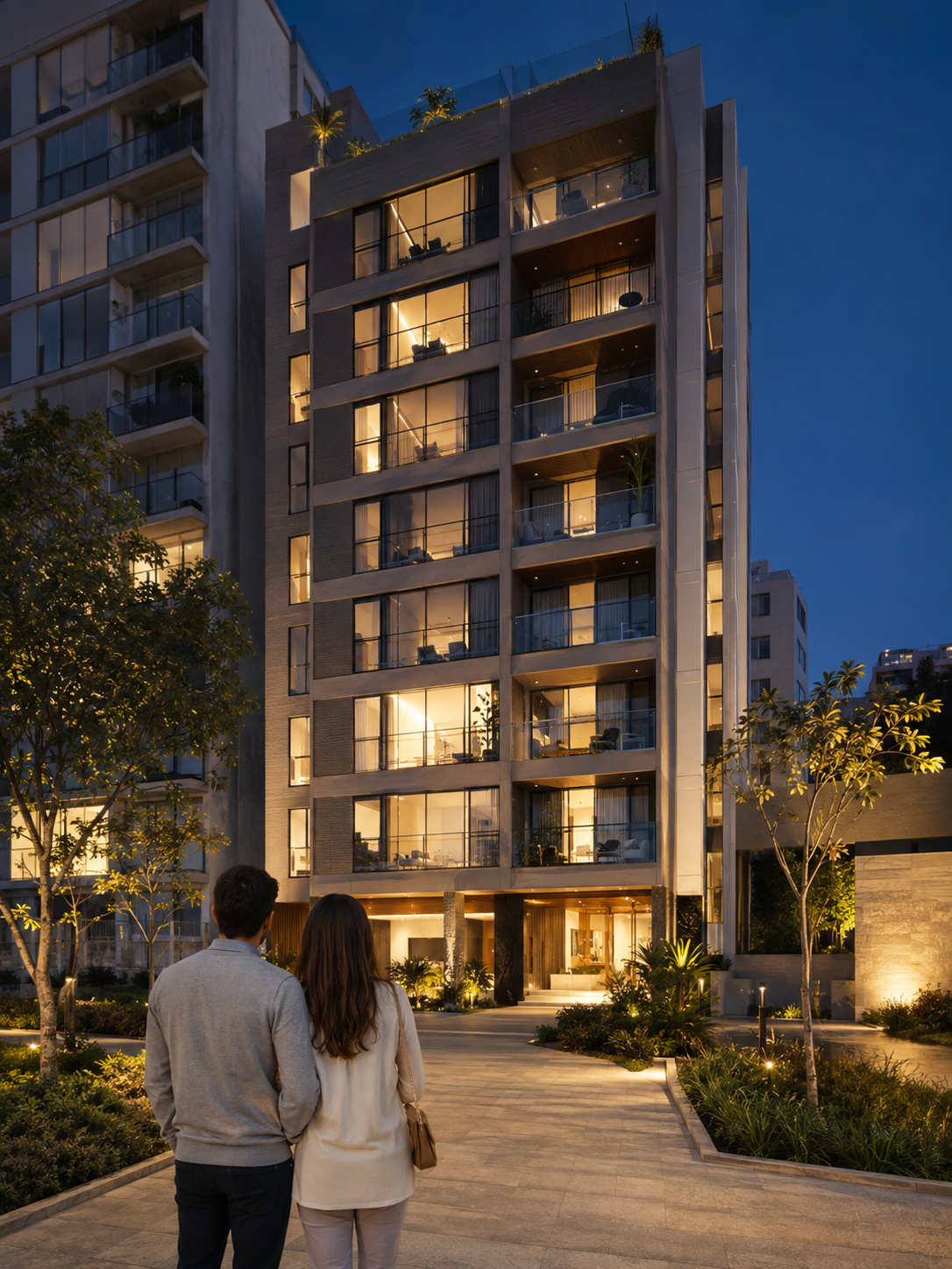 Edificio residencial contemporáneo al atardecer, símbolo de una compra o venta segura